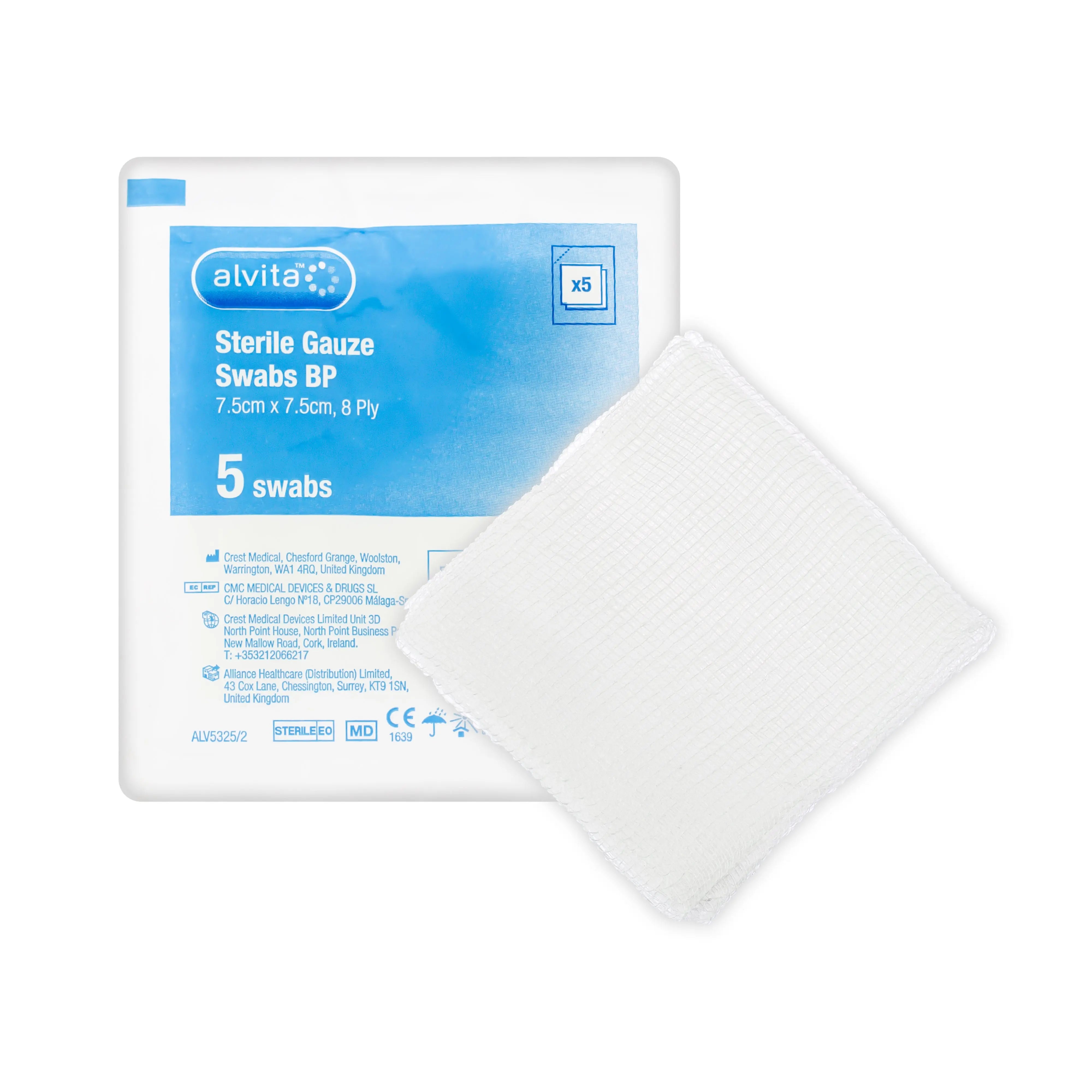 Alvita Gauze Sterile Bandage - 8ply 100% Cotton Bandage (7.5cm x 7.5cm) (x5)