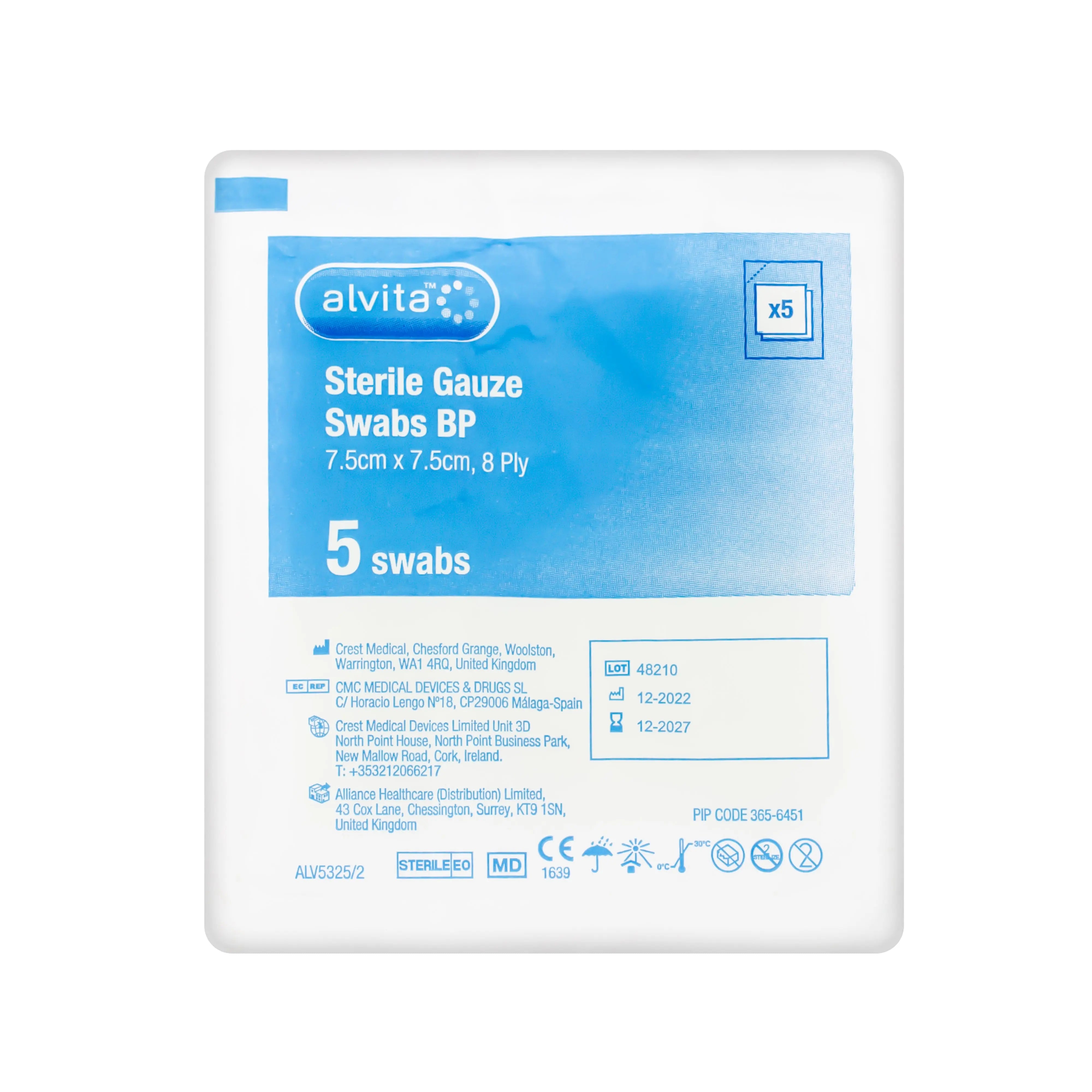 Alvita Gauze Sterile Bandage - 8ply 100% Cotton Bandage (7.5cm x 7.5cm) (x5)