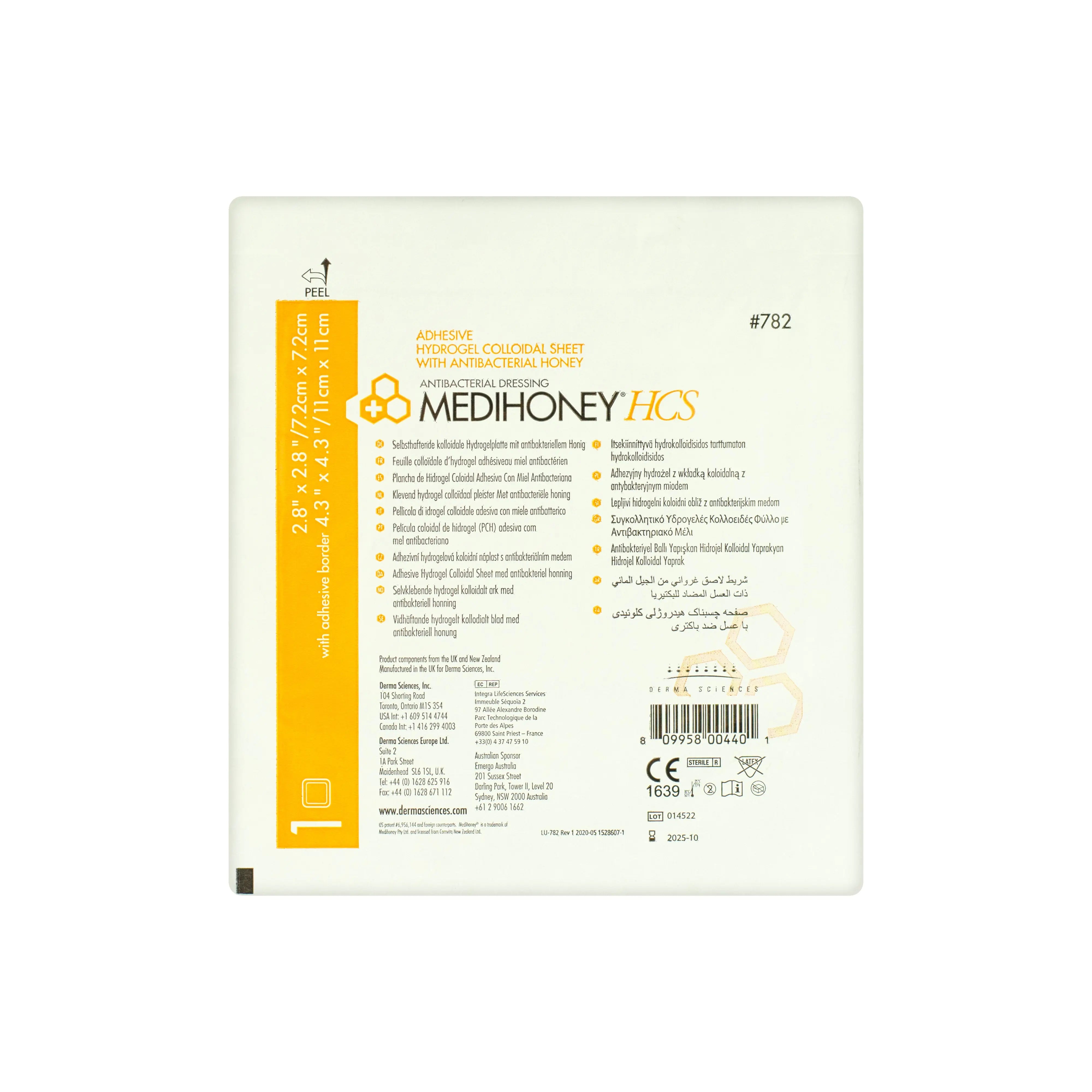 MediHoney Adhesive Hydrogel Colloidal Sheet (HCS) Dressing - Active Leptospermum Manuka Honey (Multiple Sizes) (x10)